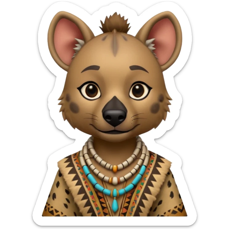 a-3d-cartoon-african-hyena-from-the-1800s-wearing-traditional-african-tribal-clothing,-calm-expression,-natural-background,-memoji-style-realism. sticker