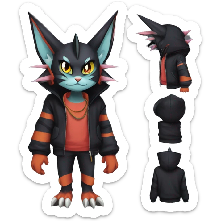 Cool Anthro Black Noivern-Nargacuga-Litten-cat-Pokémon with edgy stripes hoodie spiked collar punk Full Body sticker