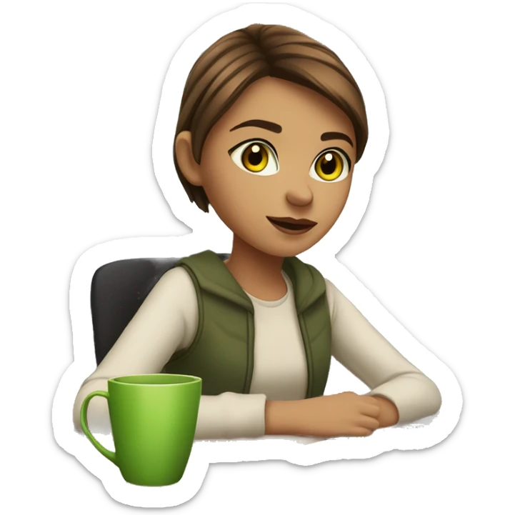 A young girl with straight brown short hair and brown-green eyes is sitting at a desk with a laptop, books are lying next to it and there is a cup of tea sticker