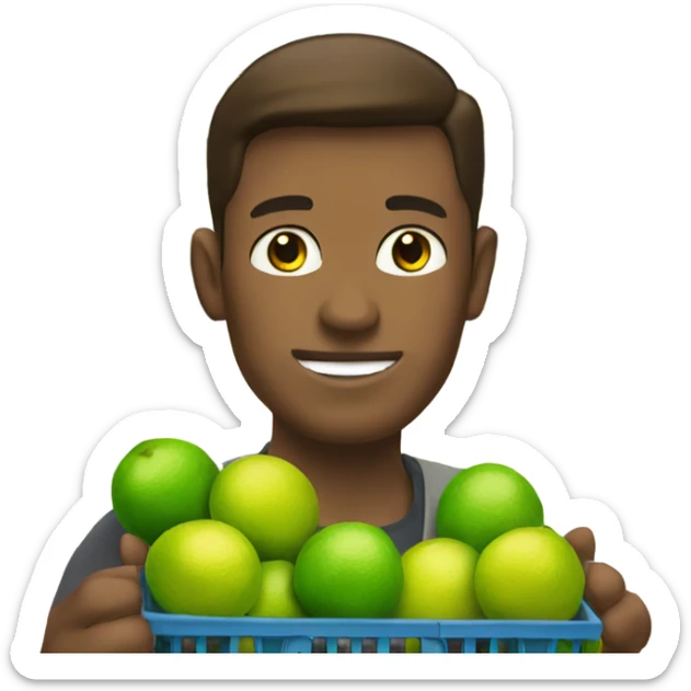 A white man with brown hair and tall carrying many limes in his hands in a supermarket. Make it so the limes are nearly overflowing the basket. sticker