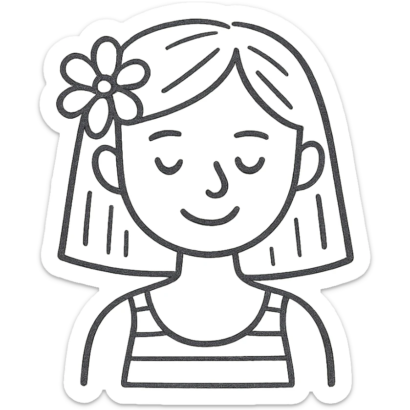 girl with straight hair, flower in hair, summer hand-drawn style outlined icon sticker