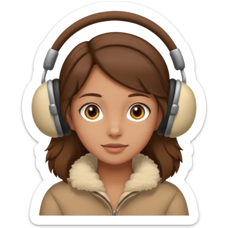 A girl wearing beige ear muffs, tan skin, brown hair, brown eyes sticker