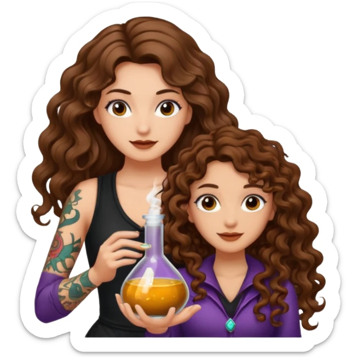 potion combo success — long wavy brown hair tattooed woman and short tight curly brown hair woman — vial connect sticker