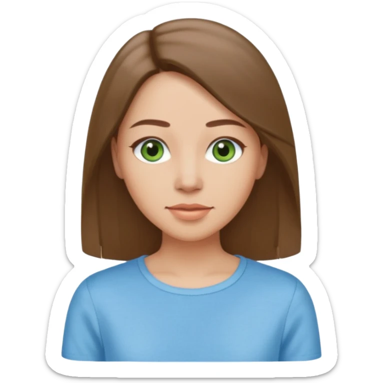 Adult woman avatar, light skin tone, oval face, straight long ash-brown hair, green eyes, neutral mouth, sky blue top sticker