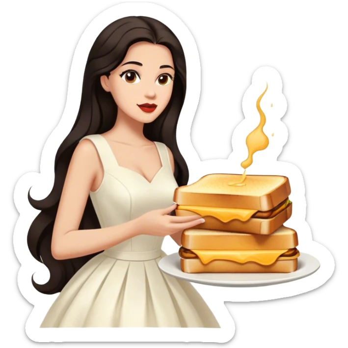 Beautiful woman in 1950’s woman fashion look, white dress, long dark brown hair, grilled cheese sandwiche sticker