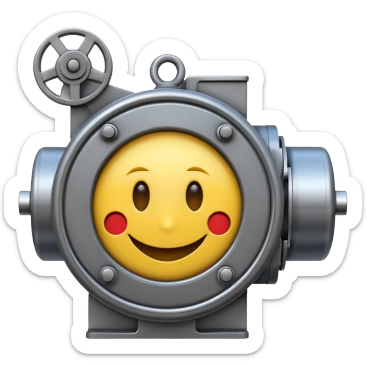Industrial mechanical motor with a smiley face, emoji for the new electric music genre Motor breaks must be friendly and sellable must be small but clear child friendly, ready to use as a logo sticker