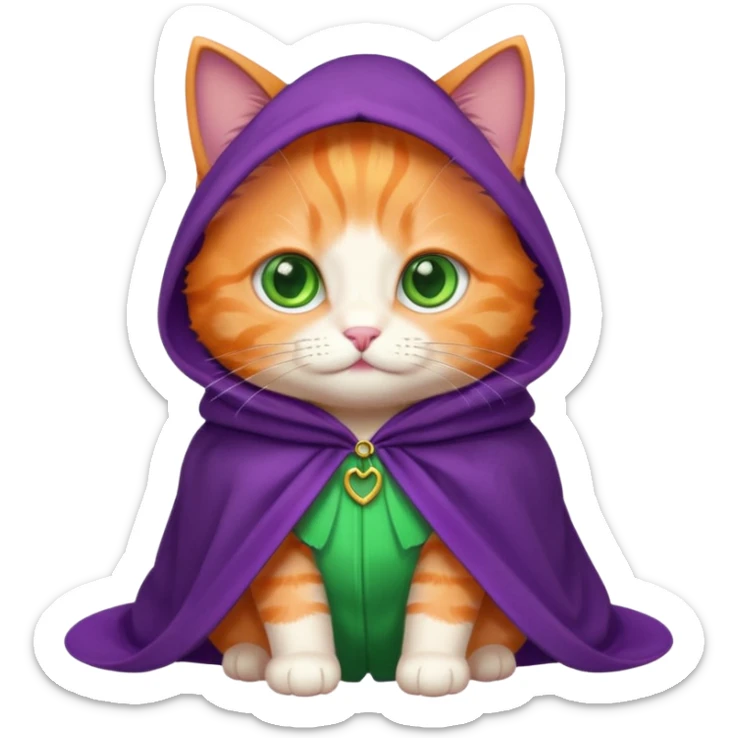 baby orange cat green eyes, in purple cloak sticker