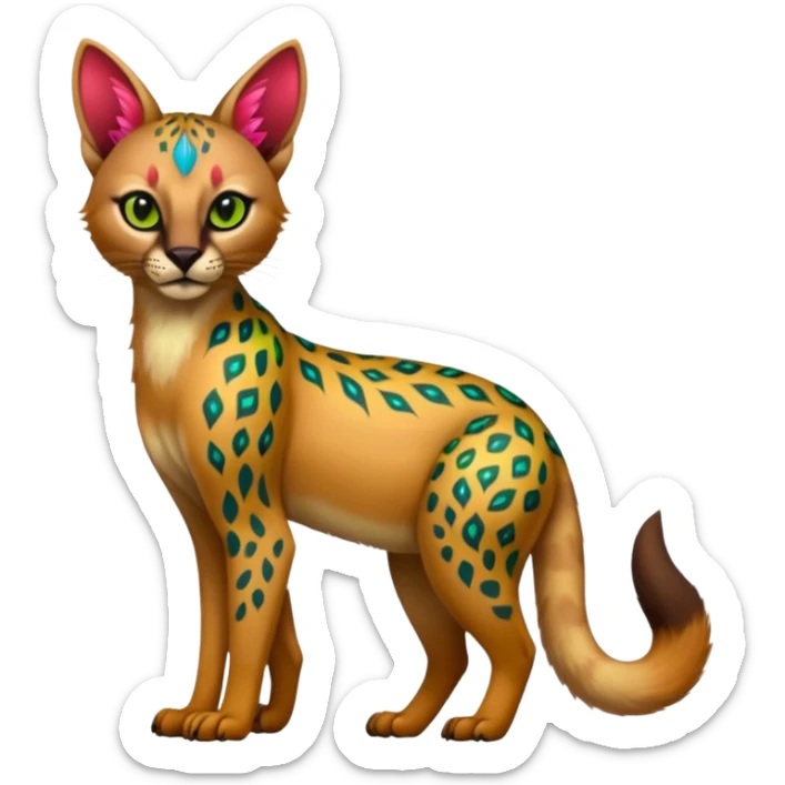 Colorful cute adorable tropical exotic fruity kiwi-green lemony rosy neon-red Caracal-Cheetah-Civet-Trico-fusion-hybrid-animal-creature, full body, with tribal tattoos sticker