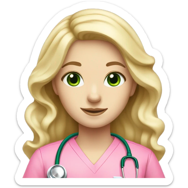 pale blonde girl with long wavy hair and green eyes wearing pink scrubs and stethoscope  sticker