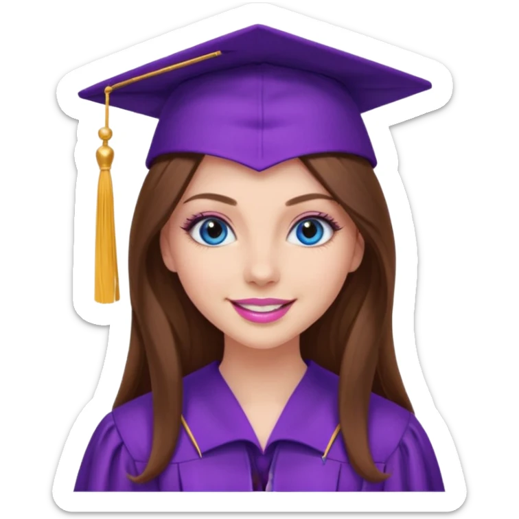 girl with gorgeous long brown hair, blue eyes, long lashes makeup, sexy pink lips, wearing a purple graduation cap and gown sticker