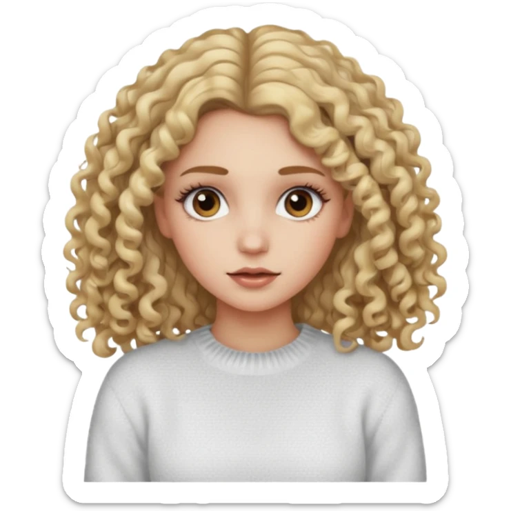 a dirty blonde girl with brown eyes and make her wearing a white sweater with curly hair and white skin color, long hair and big lashes sticker