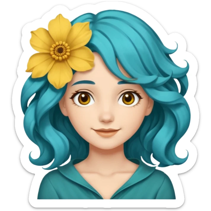 A woman with wavy teal-blue hair styled in loose curls. Her hair is adorned with large golden-yellow flower petals She has soft brown eyes, smooth skin, and a small friendly smile on her face. sticker