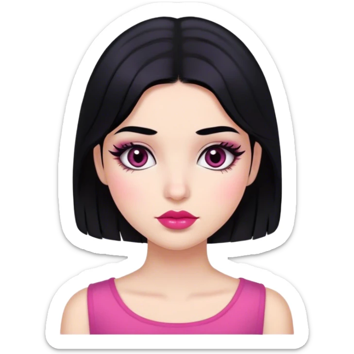 girl with black hair that reaches her shoulders and dark eyes with blush on her cheeks and mascara on her lashes and dark pink lips sticker
