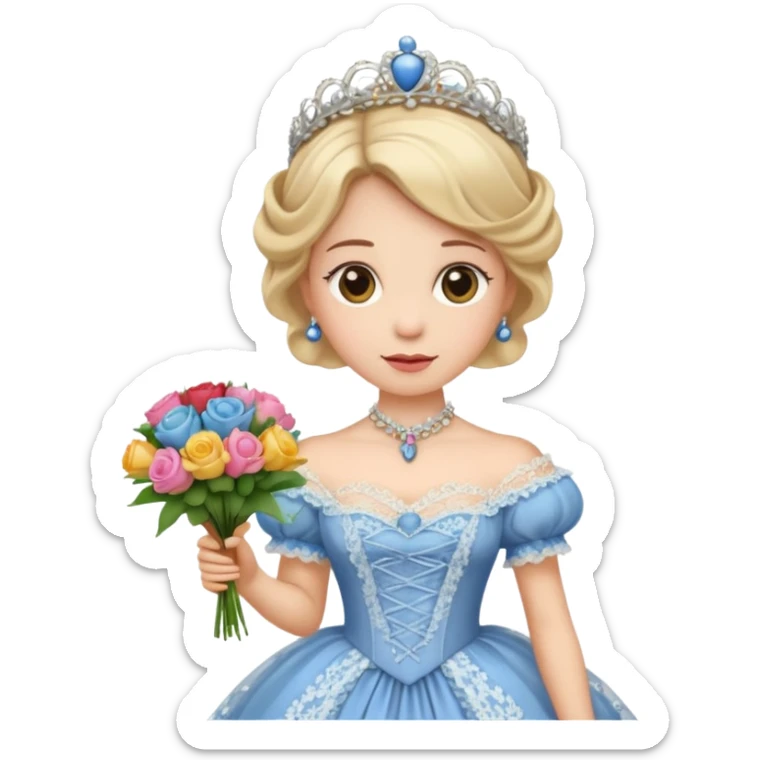 An emoji portrait of a Victorian princess. She is wearing an elaborate crinoline ball gown with intricate lace trim and ribbons. She wears a tiara on her head, and her expression is poised and proper. She is holding a small bouquet of flowers. sticker