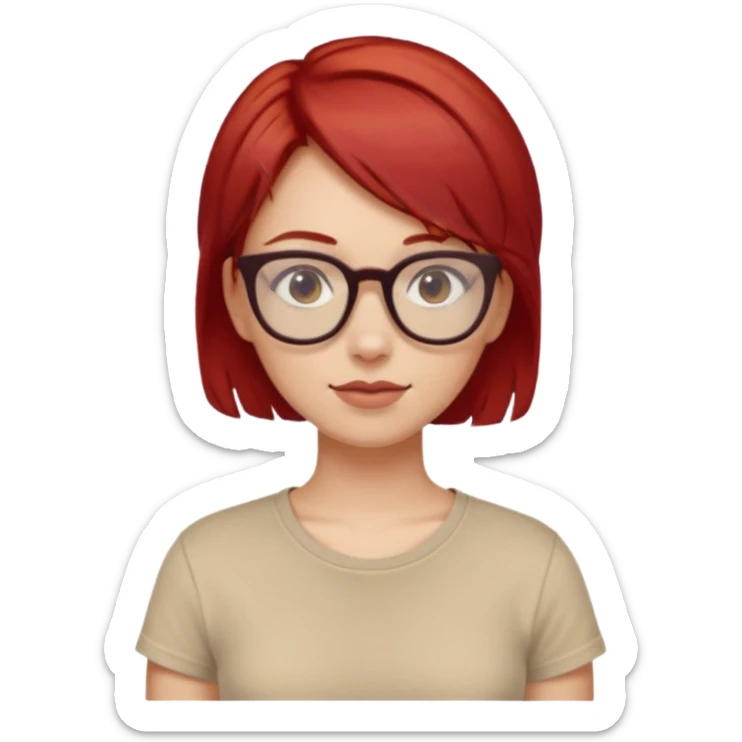 girl short-layer-red-hair wear beige T-shirt, wear dark red glasses sticker
