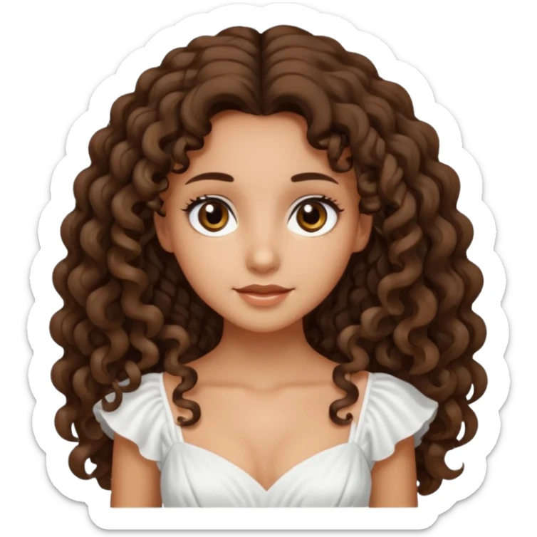 Light tanned skin girl with dark brown very long curly hair, dark eyes, white dress  sticker