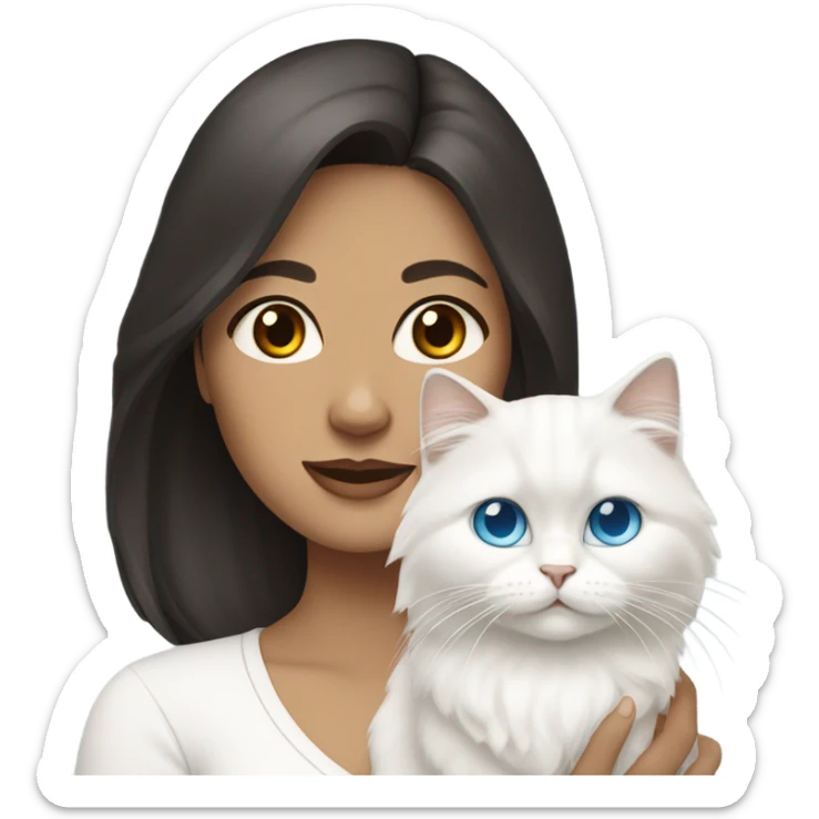 woman with dark hair and holding a all white Siberian cat with blue eyes sticker