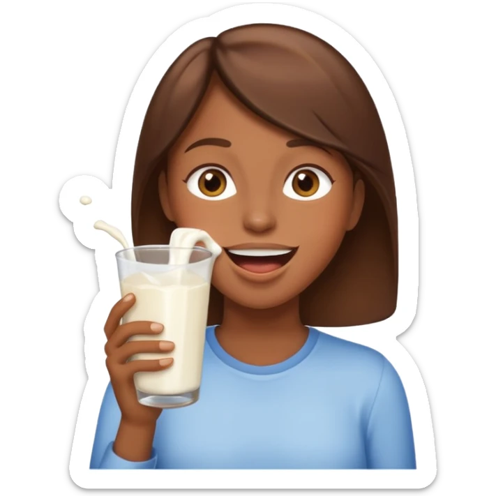 Happy brown hair emoji with milk spilling from mouth sticker
