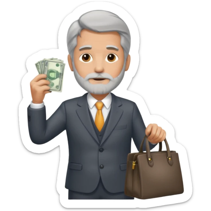 Un hombre con traje, de unos 60 años con barba, pelo largo, sin gafas y con una bolsa de dinero, importante, con traje de negocios y sin gafas  sticker