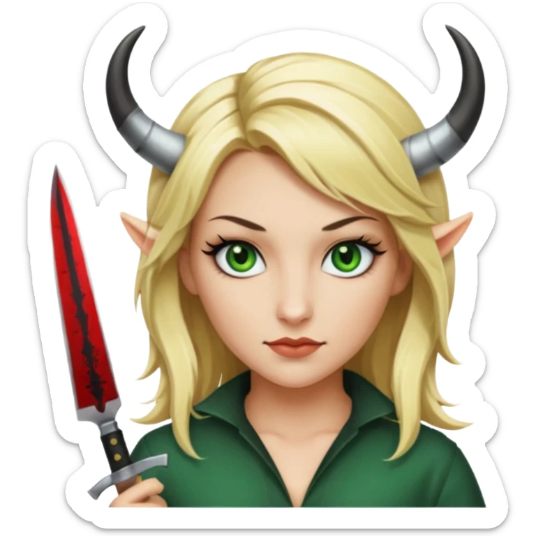 Emoji femme blonde cheveux blond, yeux vert avec de long cils noir qui a des cornes et tiens un couteau  sticker