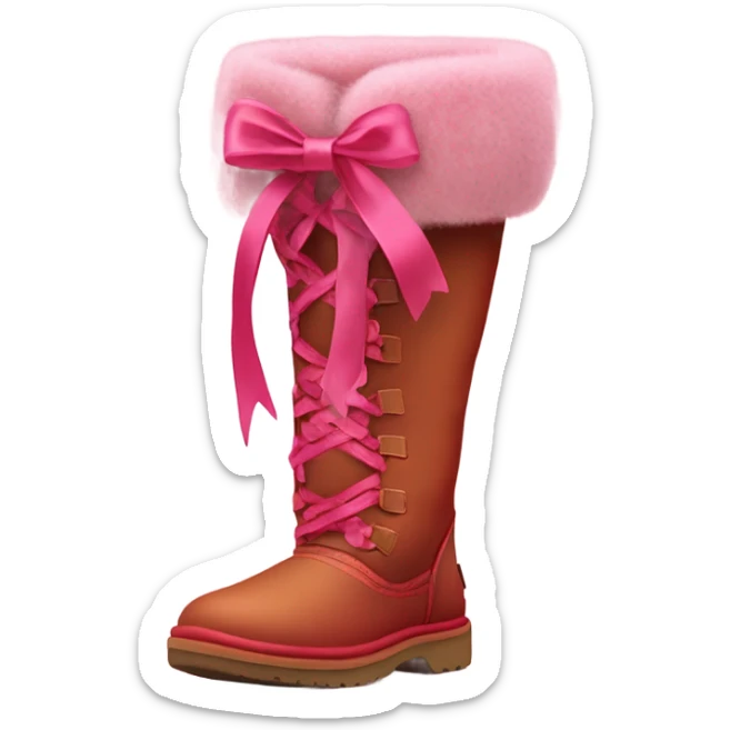 Realistic isolated pair of tall Red Ugg Fur Boots laced up with pink silk ribbon bows. sticker