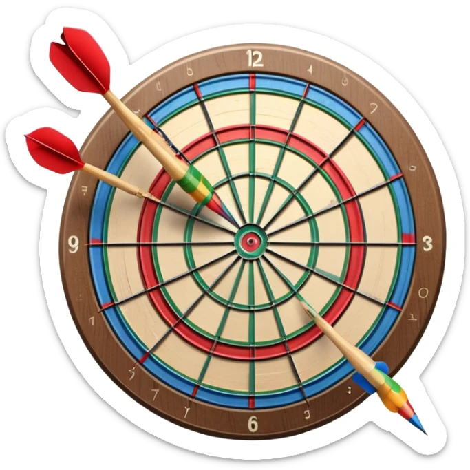A dartboard with darts firmly stuck in the bullseye, surrounded by the colorful sections of the target. The background conveys a competitive atmosphere, with a subtle focus on precision and skill in the game of darts. sticker