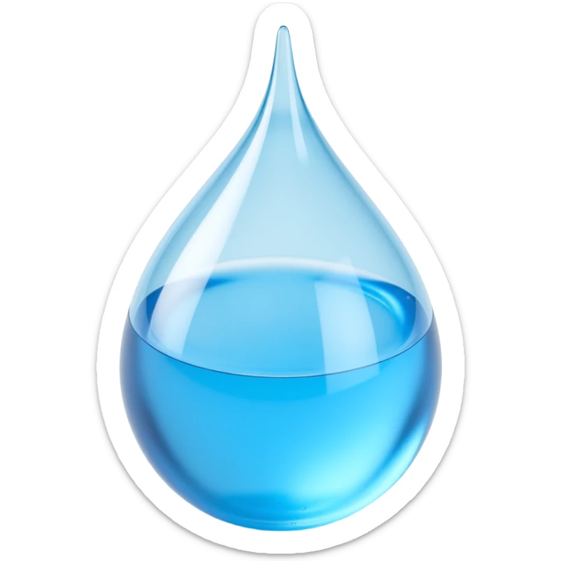 glassy translucent water droplet icon in skeuomorphism style with light refraction and soft shadows sticker