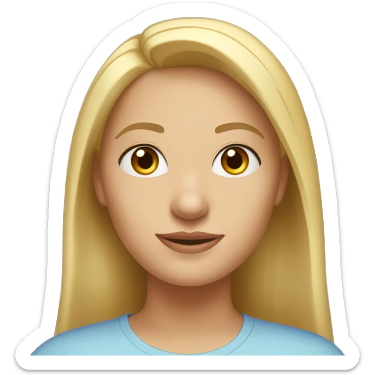 A head and shoulders shot of a 33 year old Caucasian woman, with straight blonde hair,   with brown eyes wearing a t-shirt. sticker