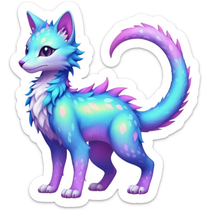 Kawaii iridescent colorful neon pastel fantasy feline-vernid-sergal-fursona animal creature with a tufted tail full body with intricate markings  sticker