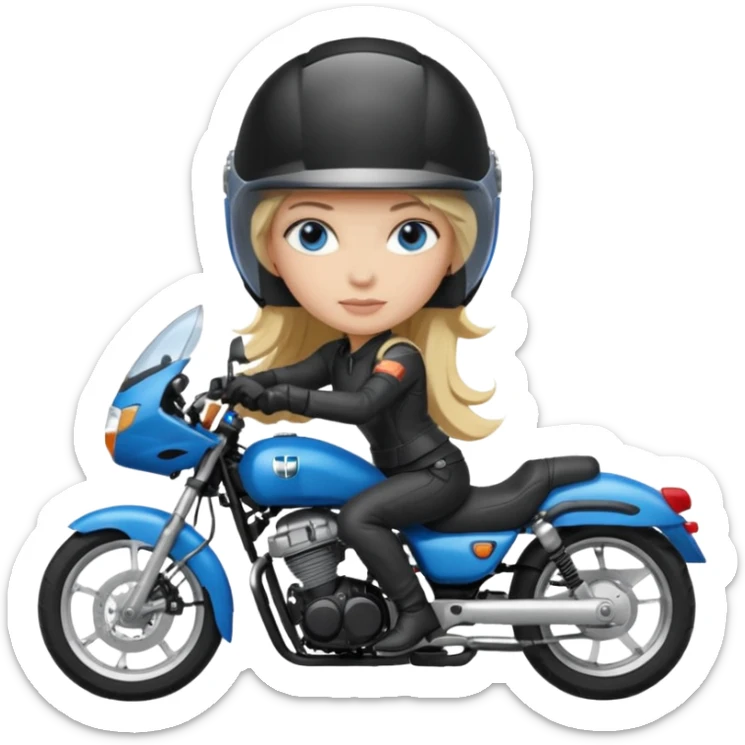 moça loira de cabelo comprido e olhos azuis com capacete em moto honda 150 preta sticker