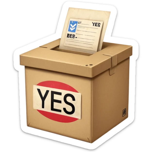 Vote box with "yes, but" aber' written on the front and paper entering the top slot sticker