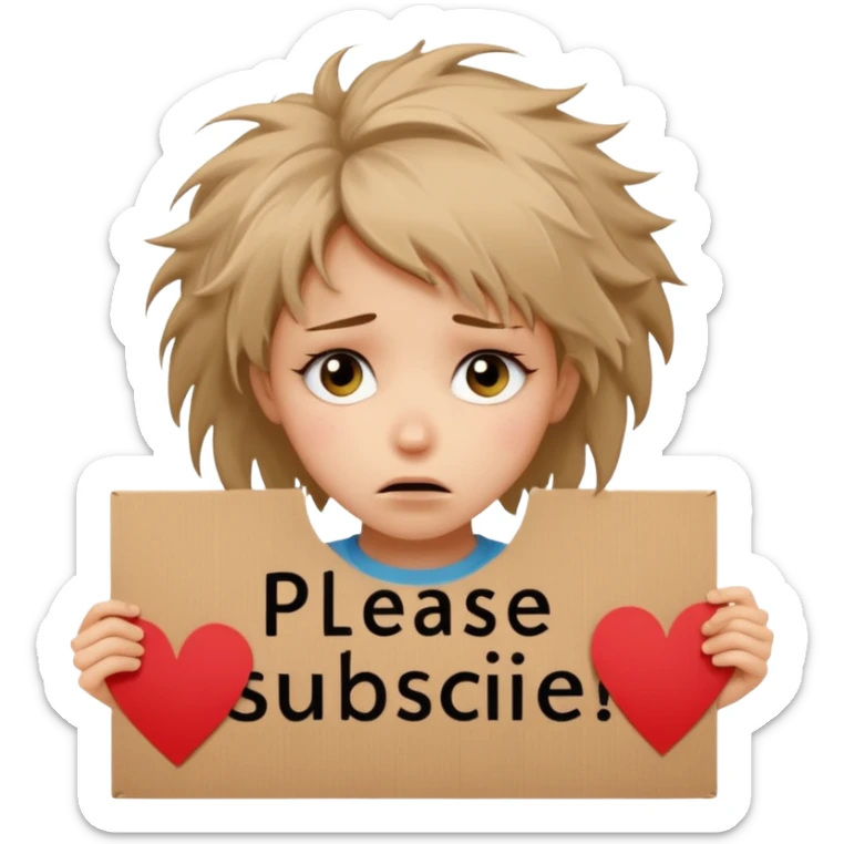 Sad realistic emoji of a young woman with messy hair, holding a cardboard sign that says "PLEASE SUBSCRIBE", emotional begging expression, cinematic lighting, shallow depth of field, soft blurred background, high detail, viral social media style sticker