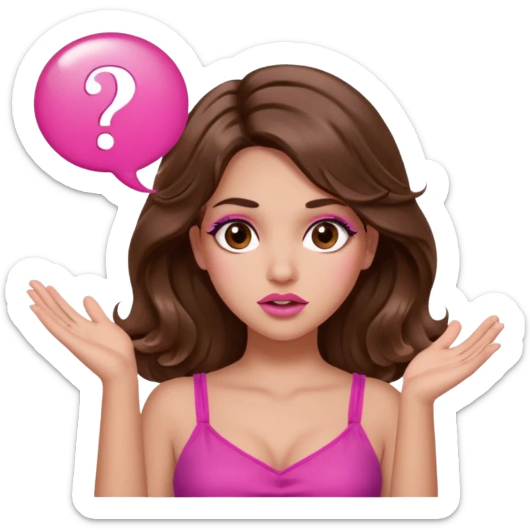 girl with long wavy brown hair, brown eyes, long lashes makeup, sexy pink lips, light to medium complexion, pink sexy top, two hands up, shrugging, confused question mark bubble sign sticker