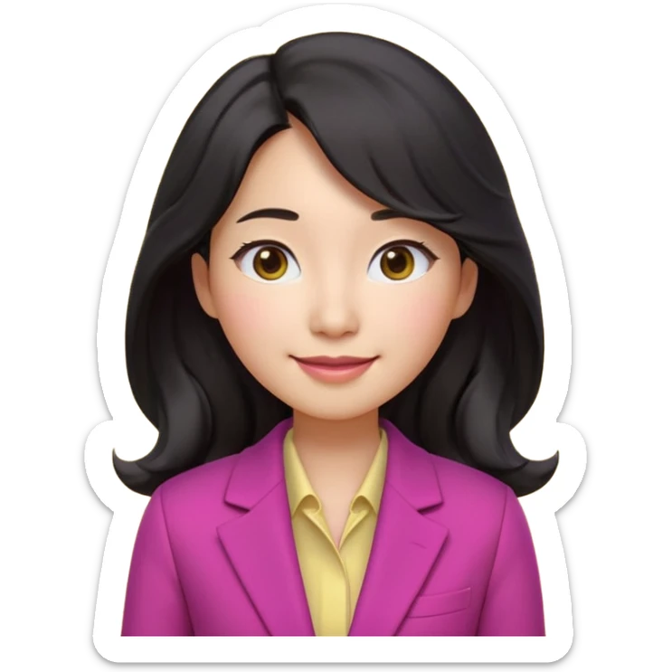 Ultra cute 3D emoji of a Korean woman, long wavy black hair, big brown eyes, small nose, warm smile, smooth pastel skin, wearing a magenta blazer over a dark top, on a solid lemon yellow background. Clean Pixar-style, soft lighting, simple shapes, no text, no background objects, high resolution. sticker
