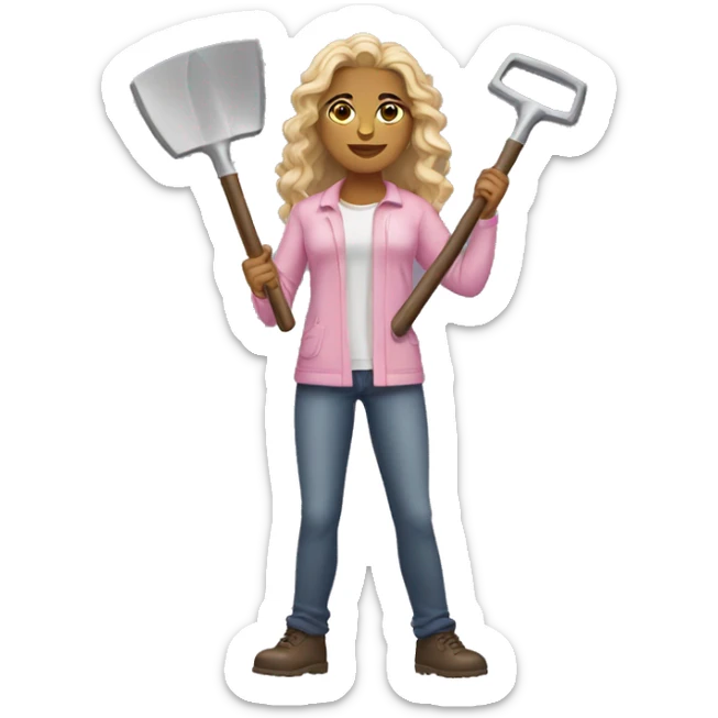 Woman holding gray shovel   skin pink light      hair long brown wavy sticker