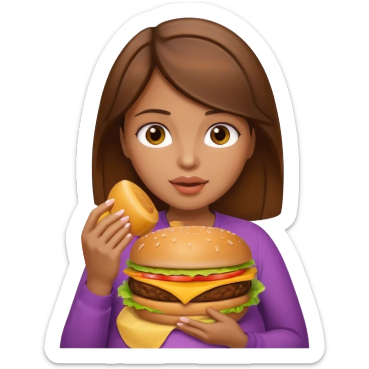 Pregnant woman with brown hair and brown eyes eating a cheeseburger sticker