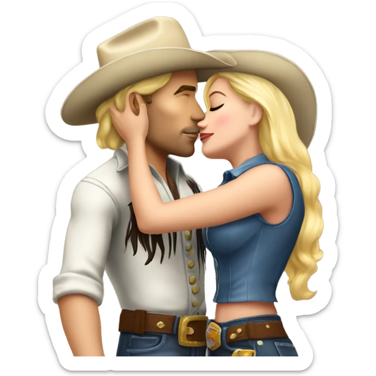a short blonde cowgirl kissing the cheek of a tall blonde cowboy full body sticker
