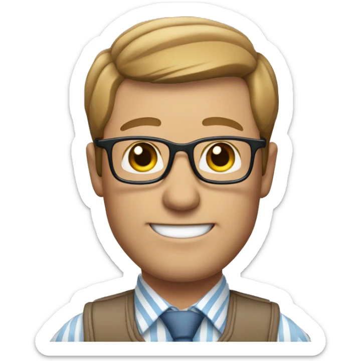 A Memoji-style avatar of a middle-aged man with glasses, short light brown hair, and a friendly expression. The avatar should be wearing a light blue striped shirt with a grey patterned tie, against a white background. sticker