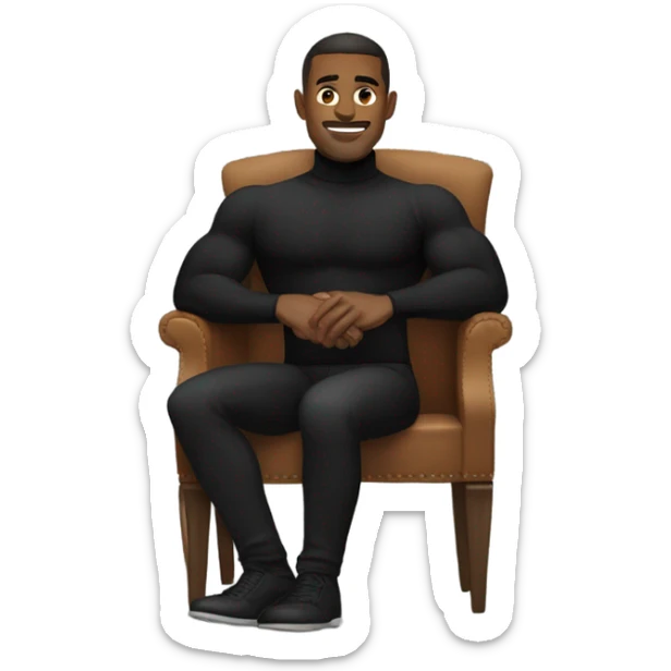 muscle man in black turtleneck shirt and black pants sitting in chair sticker
