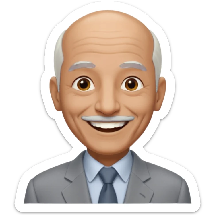 70 yr old man, almost bald, some white hair, pakistani, light grey business suit, big smile, dark skin, no moustache
 sticker