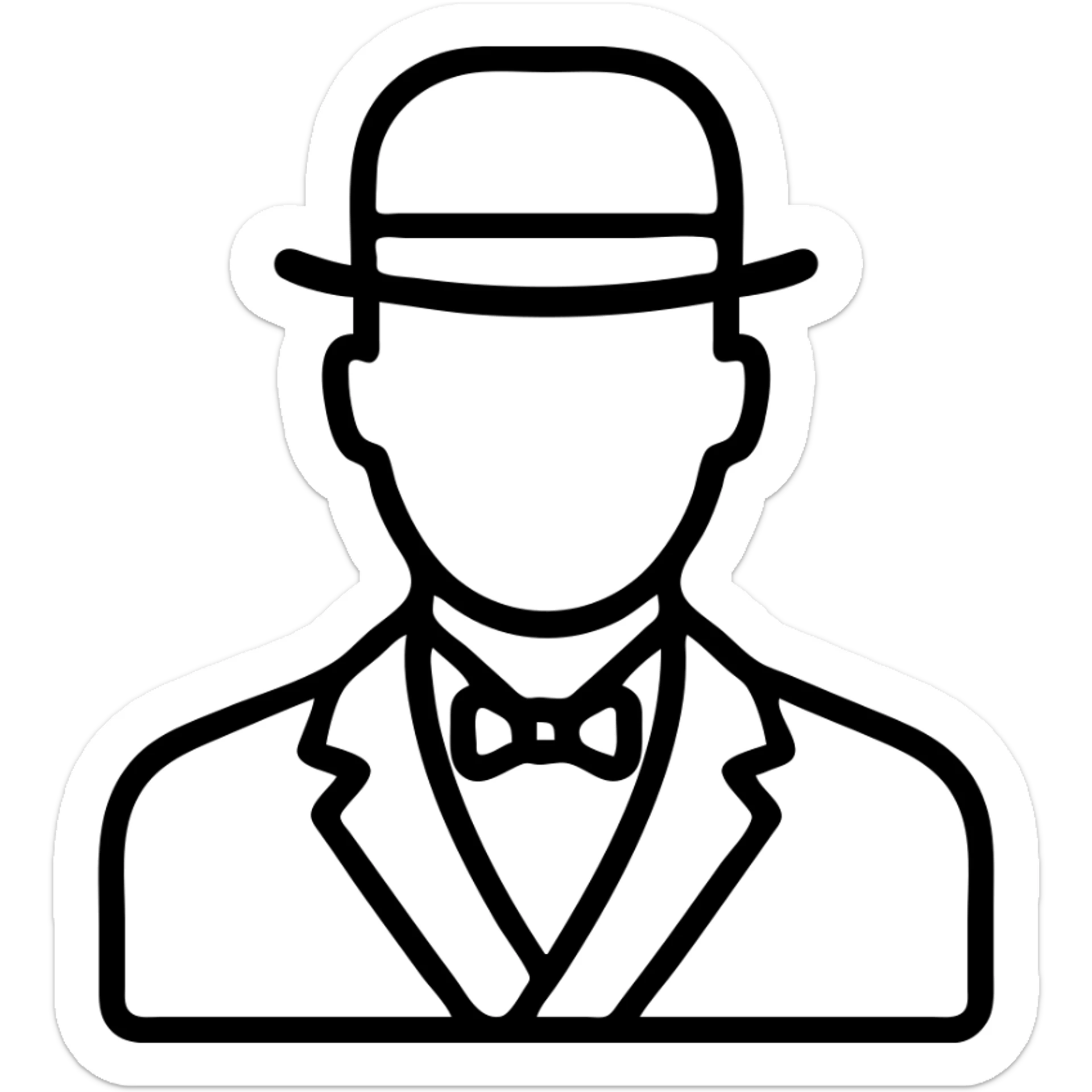 man in a vintage black and white suit, no facial hair, outlined icon sticker