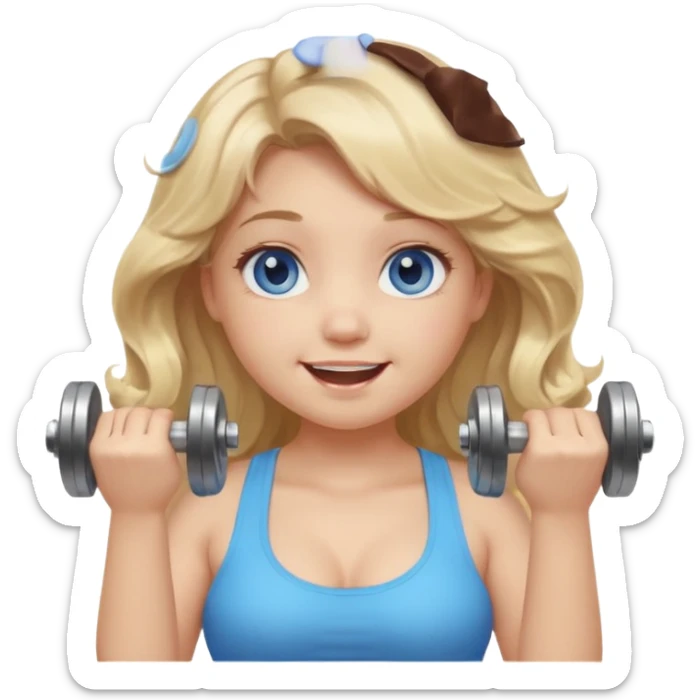 Kawaii emoji girl with big  blue glossy eyes, long wavy dirty blonde hair, happy expression, holding a dumbell, chubby cheeks, soft pastel colors, cozy and sweet aesthetic, clean background. sticker