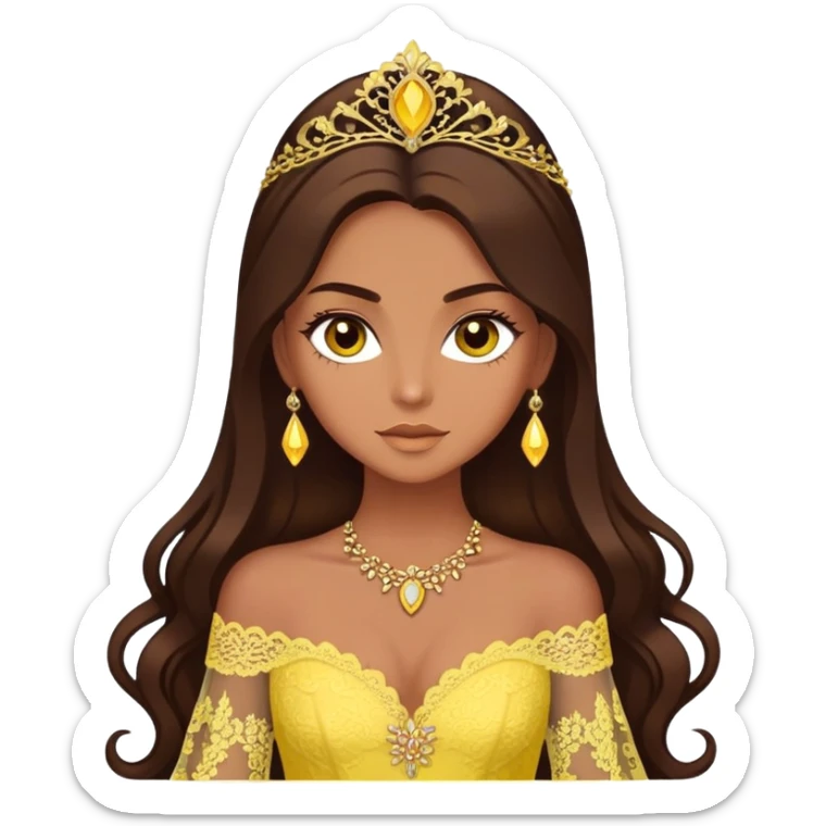 enchantress with brown eyes and tanned skin and long chocolate brown hair wearing a embellished yellow lace gown sticker
