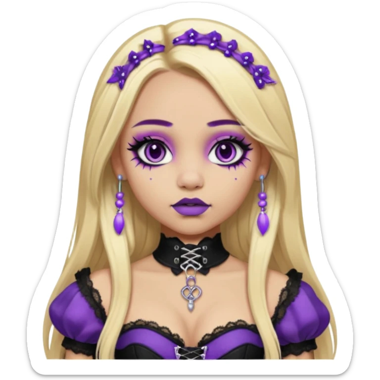 Ai light skin girl , who has straight long length blonde hair with heavy purple streaks , hazel eyes , and doll like makeup , with a septum piercing, nostril piercing, in a black corset emoji sticker