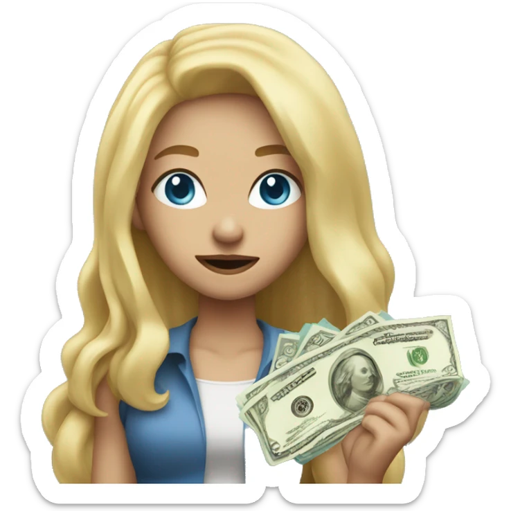 blonde girl long hair blue eyes holding money throwing money mouth closed sticker