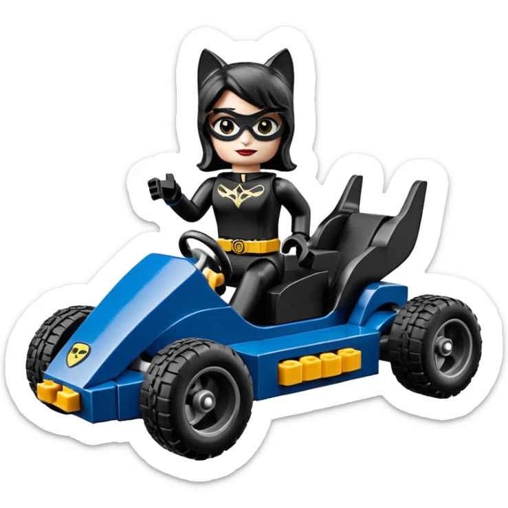 full size real-appearance electric road Lego racing sexy CatWoman’s feminine midnight-colored tight outfit sixty’s tv show dark stealthy accurate sporty safe plush deluxe off-road pursuit drifting car jaguar (black hair,reclined and relaxed torso and shoulders back seating position) cross kart  sticker
