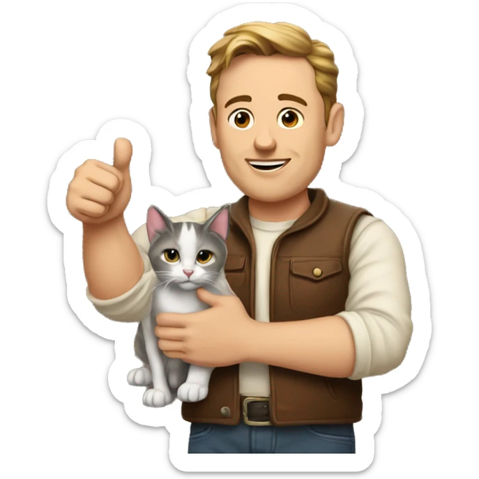 Musk holding a cat in his left hand and giving a thumbs-up with his right hand. sticker