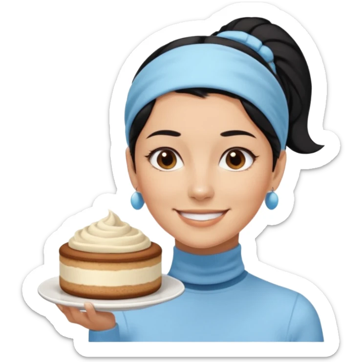  tan skin woman with long face, and short black hair slicked back ponytail with forehead showing, wearing a light blue headband and wearing pale blue turtleneck shirt, eating tiramisu smiling with hair pulled back sticker