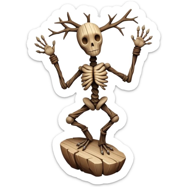 A bipedal entity with limbs of twisted, fossilized wood and a torso composed of stacked, perfectly balanced stones that rotate independently of each other when it moves.

 sticker