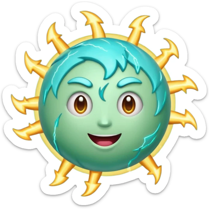Uranus emoji in Apple style, blue-green planet with rings, big excited and playful face, surrounded by bold lightning bolts, radiating chaotic and electric energy sticker